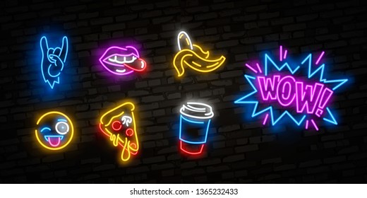 Neon icons set in 80s-90s pop art comic style. Patch badges and pins with cartoon characters, food and things. Vector crazy neon doodles pop art