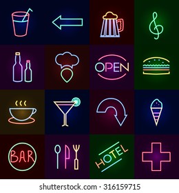 Neon icons set with cocktail bars hotels and fast food restaurants isolated vector illustration