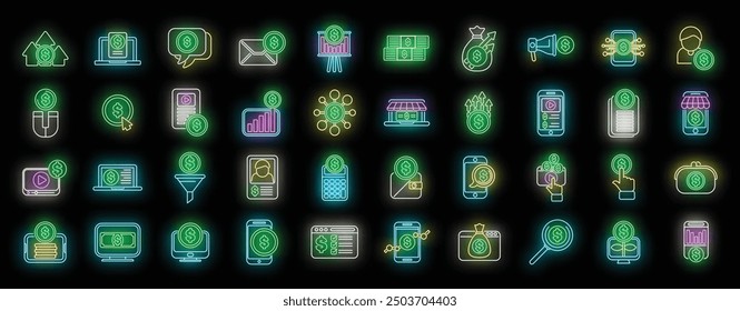 Conjunto de iconos de neón con diferentes formas de hacer dinero en línea, inversión, negocios y gestión de finanzas