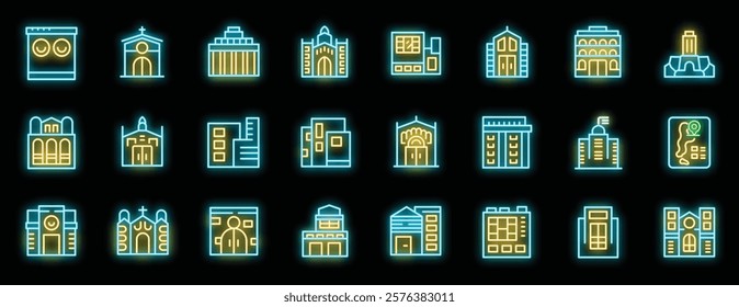 Neon icons showcasing diverse buildings, from classical structures to modern skyscrapers, illuminating urban landscapes