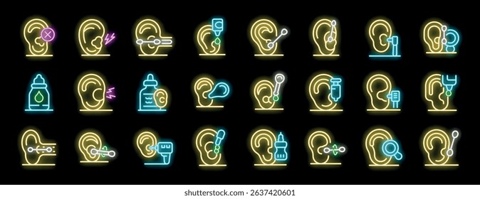 Neon icons showcasing ear cleaning, piercing, treatment, and examination, illuminating ear care practices