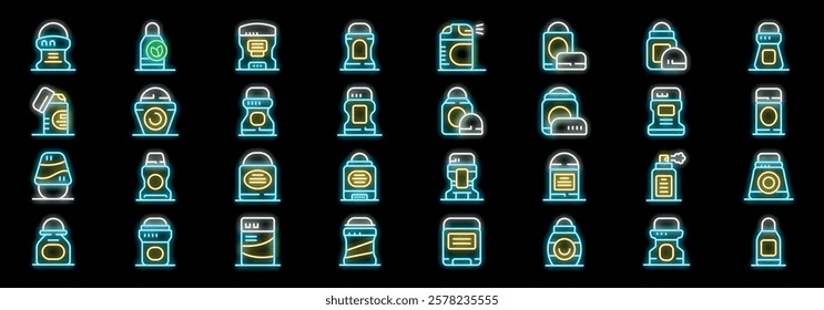 Neon icons showcasing various coffee machines and accessories
