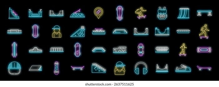 Neon icons showcasing various skateboarding elements, skateparks, ramps, equipment, and active lifestyle