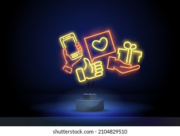 Iconos neones para las redes sociales: teléfono, corazón, regalo y otros. Señal de neón de regalo, letrero luminoso, cartel de luz. Logo, emblema y etiqueta de regalo