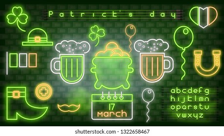 Neon Icons for St. Patrick's Day and Fluorescent Green Alphabet on Brick Wall. Vector Illustration. Beer Irish Festival.