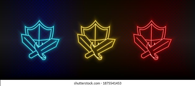 Neon icons. Sward shield retro game element. Set of red, blue, yellow neon vector icon