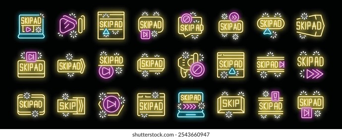 Neon icons symbolizing the skip ad function, enhancing user experience by offering uninterrupted content consumption