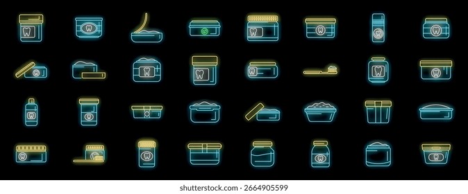 Ícones de néon de pó de dente e pasta de dente brilhando sobre fundo preto, representando vários produtos de higiene bucal