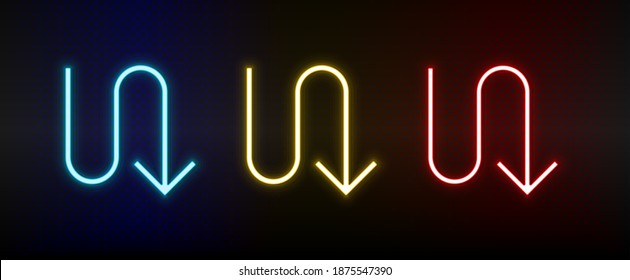 Neon icons. Ui arrow. Set of red, blue, yellow neon vector icon