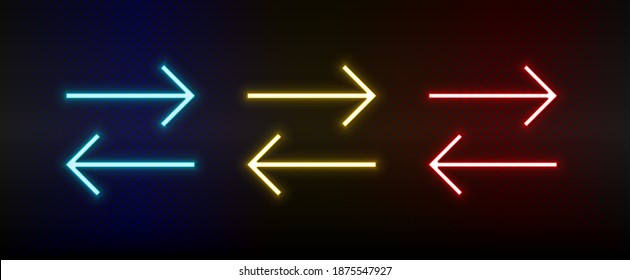 Neon icons. Ui arrow. Set of red, blue, yellow neon vector icon