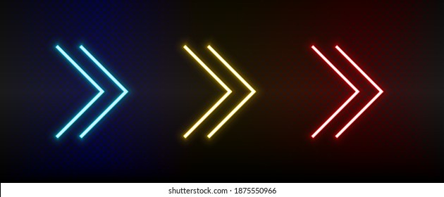Neon icons. Ui arrow. Set of red, blue, yellow neon vector icon