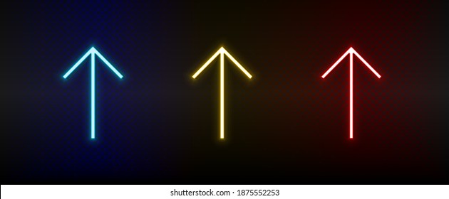 Neonsymbole. Ui Pfeil. Satz von rotem, blauem, gelbem NeonVektorsymbol