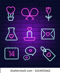 Neon icons for Valentine's day. Seamless brick wall background.