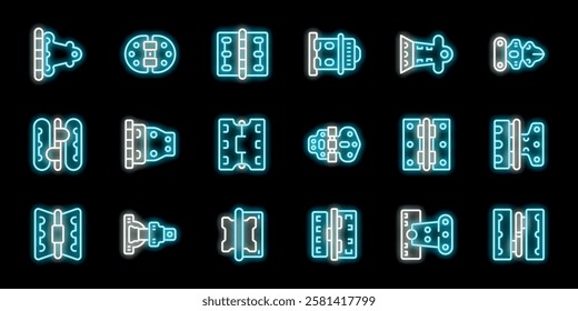 Neon icons of various door hinges glowing brightly against a black background, offering a modern and vibrant representation of these essential hardware components