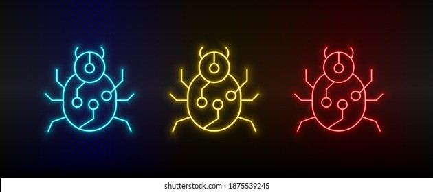 Neon icons. virus bug. Set of red, blue, yellow neon vector icon