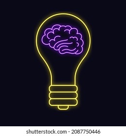 Símbolo de idea neón - bombilla y cerebro. Ilustración del vector