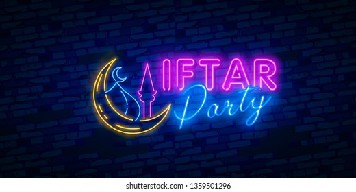 Neon Iftar Party invitation card vector illustration. Iftar Party Festive Illustration Design template in modern neon style, Muslim holiday of holy month Ramadan Karim. Neon sign vector