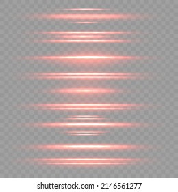 Neon illuminated red lines. Abstract light flare effect. Glowing laser beams and sparkles shine. Set of orange, red horizontal rays, lens, line on a transparent background. Vector illustration. 