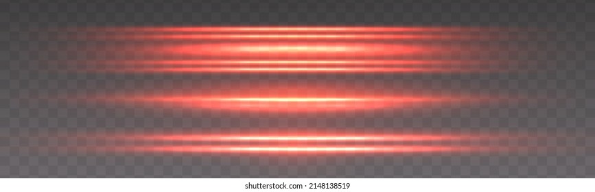 Neon illuminated red lines. Abstract light flare effect. Glowing laser beams and sparkles shine. Set of orange, red horizontal rays, lens, line on a transparent background. Vector illustration. 