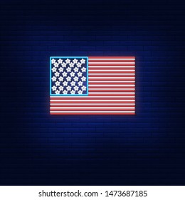 Neon illumination of the American flag. Bright advertising of the country. Modern vector logo, banner, shield, picture, American flag. Night advertising on the background of a brick wall.