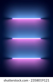 Neon illumination background. Abstract 80s or synthwave styled backdrop with blue and purple lamp on the wallpaper.