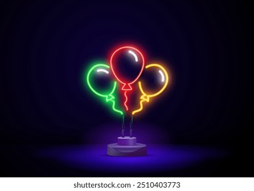 Iluminación de neón de globos. El anuncio brillante de las vacaciones. Logotipo de Vector moderno, Anuncio, escudo, patrón de bolas. Publicidad nocturna en el fondo de una pared de ladrillo.