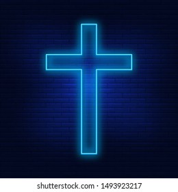 Neon illumination of the cross. The bright advertisement of the cross. Modern vector logo, banner, shield, drawing of Christianity. Night advertising on the background of a brick wall.