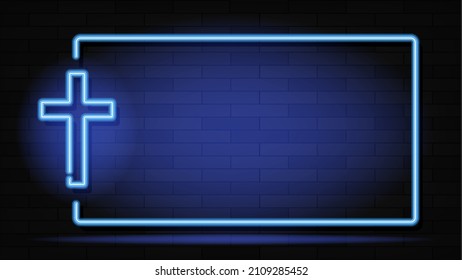 Neon illumination of the cross. Space for text. The bright advertisement of the cross. Modern vector logo, banner, shield, drawing of Christianity. Night advertising on the background of a brick wall.