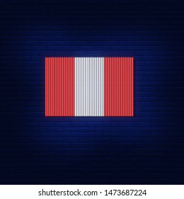 Neon illumination of the flag of Peru. Bright advertising of the country. Modern vector logo, banner, shield, Peru flag drawing. Night advertising on the background of a brick wall.