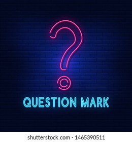 Neon illumination of the question mark. Bright question. Modern vector logo, icon, banner, shield, screen, question image. Night advertising on the background of a brick wall.