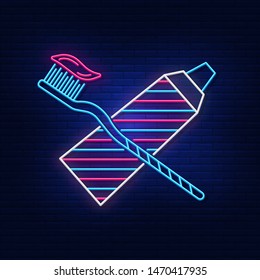 Neon illumination of toothbrush and toothpaste. The bright and morning hygiene. Modern vector logo, icon, banner, shield, screen, image of toothbrush and mint toothpaste.