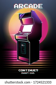 Neon illustration of Arcade game machine. Retro gaming, Game of 80s-90s. Technology and entertainment concept. Advertisement design.