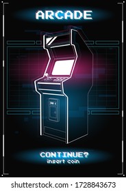 Neon illustration of Arcade game machine. Retro gaming, Game of 80s-90s. Technology and entertainment concept. Advertisement design.