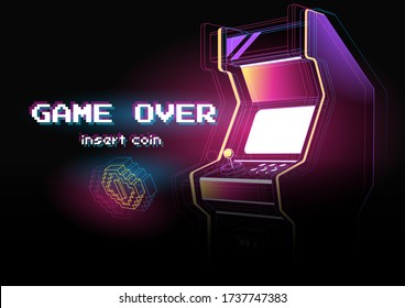 Neon illustration of Arcade game machine. Retro gaming, Game of 80s-90s. Technology and entertainment concept. Advertisement design.