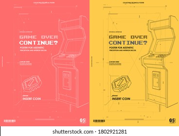 Neon illustration of Arcade game machine. Retro gaming, Game of 80s-90s. Technology and entertainment concept. Advertisement design.