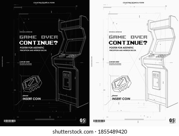 Neon illustration of Arcade game machine. Retro gaming, Game of 80s-90s. Technology and entertainment concept. Advertisement design.