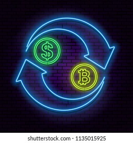 Neon illustration of an arrow currency exchange. The shining banner in a retro style. Bank transactions with cryptocurrency. Design elements. Vector illustration.