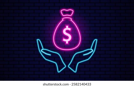 Neon illustration of a bag of money and hands holding it against a brick wall. Symbol of financial well-being and economic stability