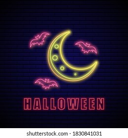neon illustration with bats and moon for halloween
