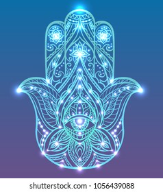 Neon illustration of blue Hamsa with boho pattern with neon lights and glow. Buddhas hand. Vector element for your sketch of tattoo, T-shirt print and your design.