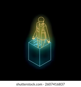 Neon illustration of a construction worker balancing on top of a cube, representing the challenges and risks in the industry