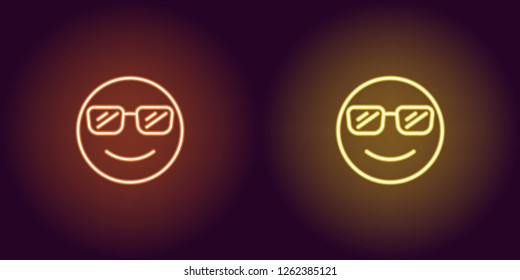 Neon illustration of cool emoji. Vector icon of cartoon smiling emoji with sunglasses in outline neon style, orange and yellow colors. Glowing emoticon with backlight