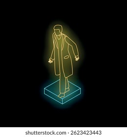 Neon illustration of a doctor standing on a cube, representing a strong and stable medical presence