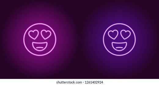 Neon Illustration Of Emoji In Love. Vector Icon Of Cartoon Enamored Emoji With Heart Eyes And Smile In Outline Neon Style, Purple And Violet Colors. Glowing Emoticon With Backlight