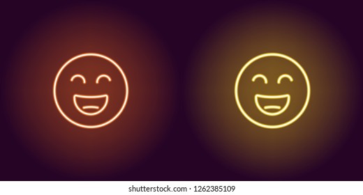 Neon illustration of grinning emoji. Vector icon of cartoon laughing emoji with narrowed eyes in outline neon style, orange and yellow colors. Glowing emoticon with backlight