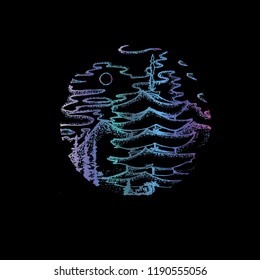 Neon illustration, inscribed in a circle. Clouds, sun, Chinese pagoda.