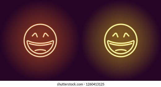 Neon illustration of laughing emoji. Vector icon of cartoon laughing emoji with narrowed eyes in outline neon style, orange and yellow colors. Glowing emoticon with backlight