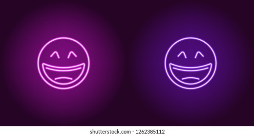 Neon illustration of laughing emoji. Vector icon of cartoon laughing emoji with narrowed eyes in outline neon style, purple and violet colors. Glowing emoticon with backlight