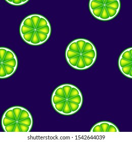 Neon illustration with limes. Seamlees pattern with colorful fruits  on violet background. Food concept. Template design for invitation, poster, card, fabric, textile.