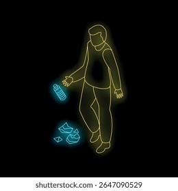 Ilustração neônica de homem jogando lixo na rua à noite, representando lixo, poluição e danos ambientais